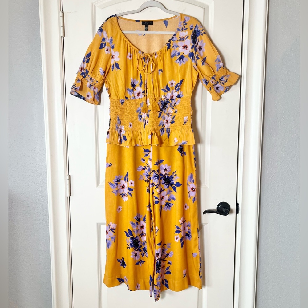 Jessica Simpson Floral 2pc Set Gold Purple Wide Leg Pants & Smocked Top L